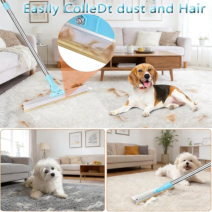 Pet Hair Removal Carpet Rake, 2-in-1 Pet Hair Removal Tool with Water Brush, Adjustable Handle, Dog and Cat Brush and Scraper, Suitable for Carpets, Floor Mats, Sofas, Furniture and Car Interiors