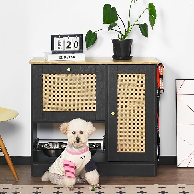 Pet Feeding Station with Elevated Bowls, Pull-Out Drawer, Rattan Doors, Side Hooks, Anti-Tip Kit, Hidden Food Water Organizer, Adjustable Shelves for Dogs Cats Supplies Storage Furniture