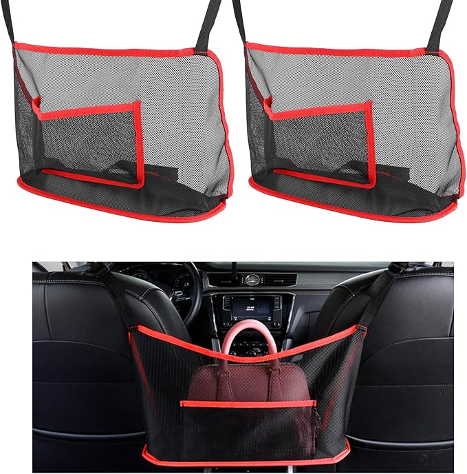 Ziciner 2 PCS Car Net Pocket Handbag Holder, Organizer Mesh Bag Between Two Seat, Driver Storage Netting Pouch for Handbag Purse, Barrier of Backseat Pet, Car Accessories for Women Men (Black & Red)