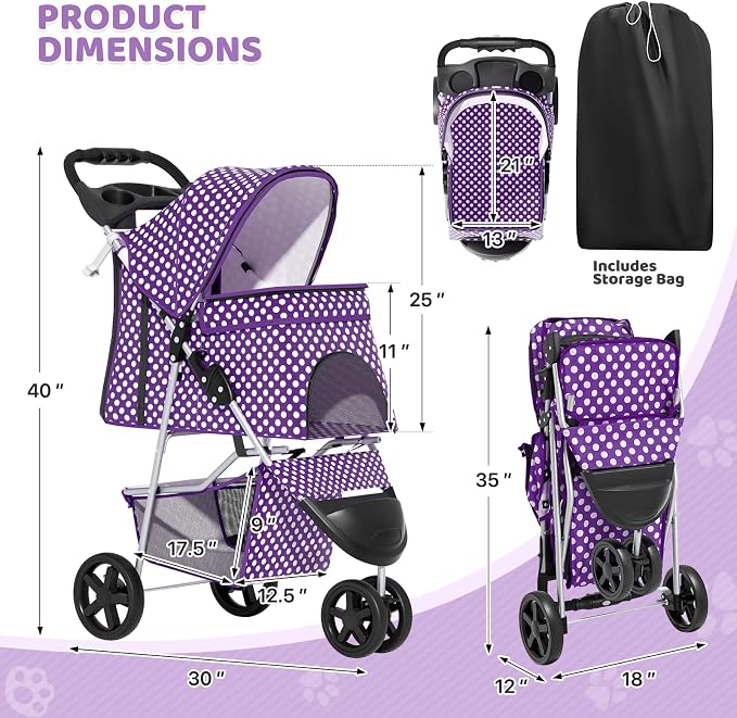 Magshion 3-Wheel Pet Stroller for Small/Medium Dogs & Cats, Up to 33lbs | Foldable Travel Jogger w/ Breathable Mesh Cover, Lightweight Design, Safety Tethers, Cup Holder & Storage Basket