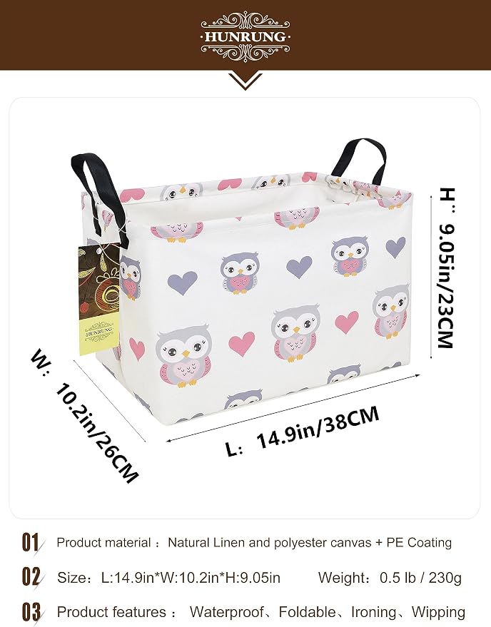Rectangle Foldable Storage Basket Handles For Home, Love Owl | Waterproof reinforced handles, perfect for shelf use, organizes clothes, daily items and pet supplies