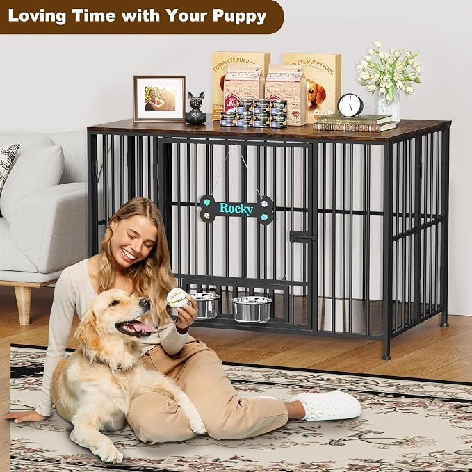Easycom 43" Foldable Dog Crate Furniture for Large Dogs 60-80 lbs, Brown | No Assembly Dog Cage with Adjustable Bowls and Name Tag, Decorative Wooden Dog Kennel Indoor, End Table