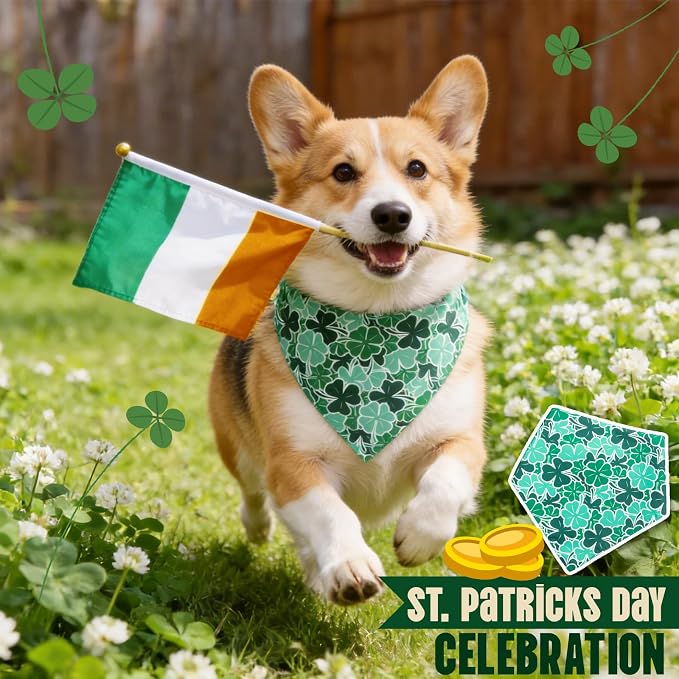Dog Bandanas for St. Patricks Day 4 Leaves Clover - Pet Scarf with Adjustable Snap Button Cute Lucky Holiday Costumes for Irish Festivals Celebrations, Medium & Large Breeds (30-75lbs)