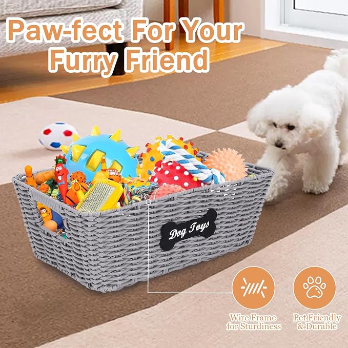 Dog Toy Basket, 2pcs Dogs Toy Bin,Dog Toy Box for Living Room Area, Handmade Poly Wicker Baskets for Pet Toys Blanket Collar Snack-Grey ﻿