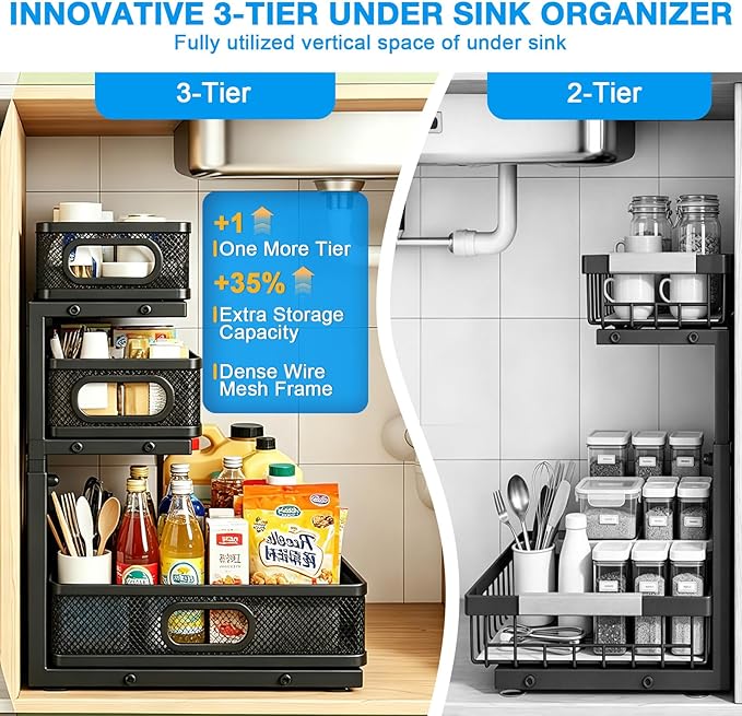 Thickened Meta 3-Tier Pull Out Under Sink Organizer 2 Pack | Height Adjustable Slide out Storage Drawer Rack for Kitchen Bathroom Home Organization| 35% More Storage Capacity