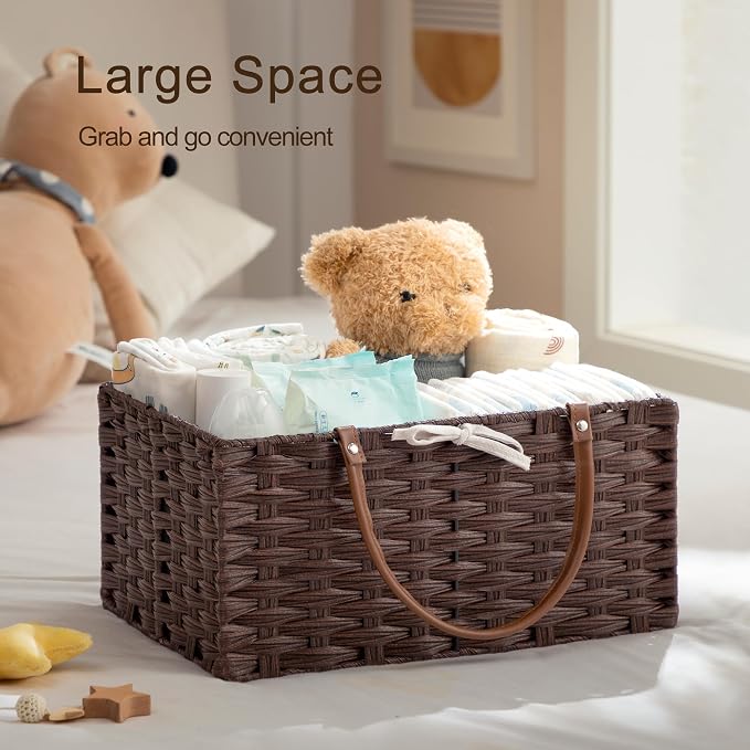 HBlife Large Diaper Caddy Organizer, Washable Waterproof, Portable Plastic Wicker Woven Basket with Divider, Nursery Diaper Station, Baby Shower Gifts Basket & Car Organizer