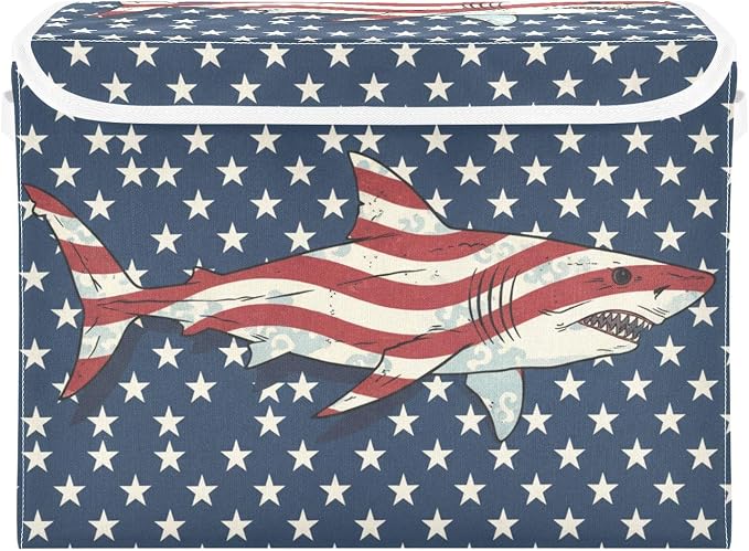 Fabric Storage Bins with Lid Patriotic Flag Shark Closet Storage Basket 40L | Decorative Storage Boxes, Foldable & Stackable, Dust-Proof Flip Top, Reinforced Handles, For Home & Dorm, Clothes & Toy Box