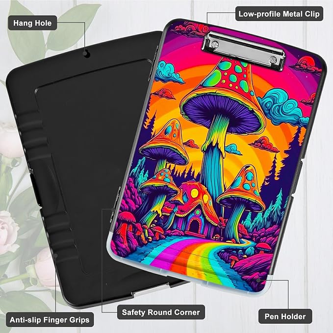 Rainbow Road Mushroom A4 Clipboard with Storage Pen Holder, Clipboards Organizer Nursing Clipboard Foldable File Folder Plastic Clipboard Folio Clip Board for Office Students Classroom