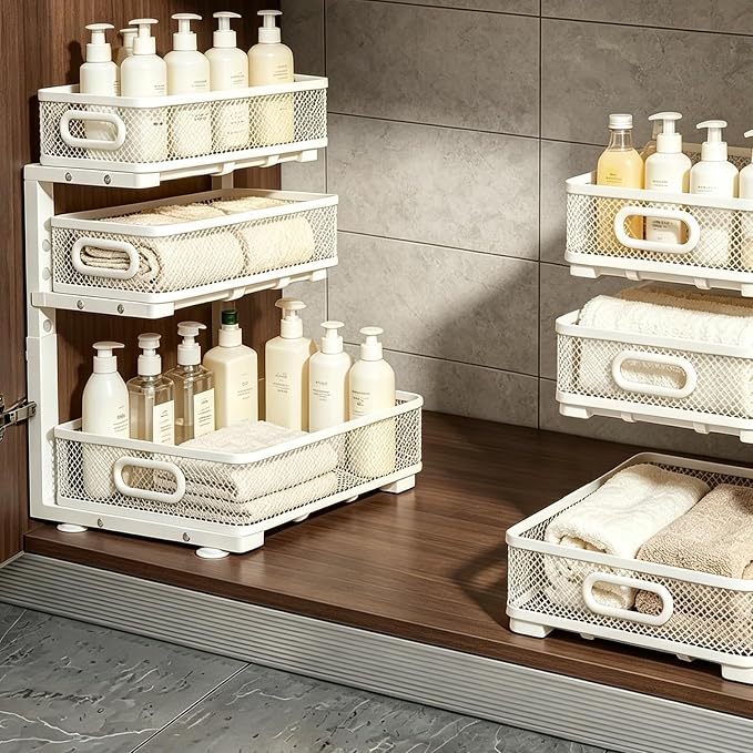 2 Pack 3 Tier Under Sink Organizer with Pull Out Drawer, Height Adjustable Heavy Duty Metal Under Cabinet Organizer, Smooth Sliding Storage Shelf for Kitchen, Bathroom Cabinet Organization, White