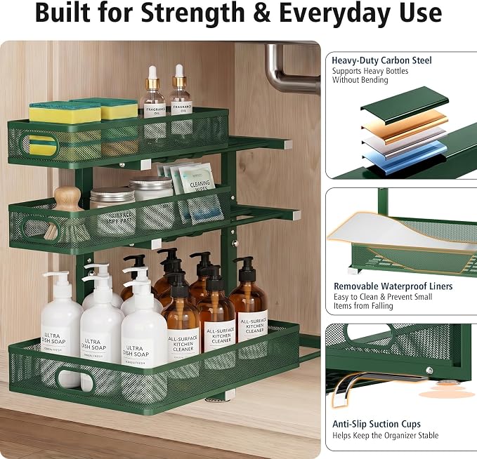 Under Sink Organizer, 3-Tier Sliding Drawers, 2-Pack Forest Green | 5 Height Adjustable, Pull Out Cabinet Storage Rack, Space Saving Metal Organizer for Kitchen, Bathroom, Laundry & Pantry