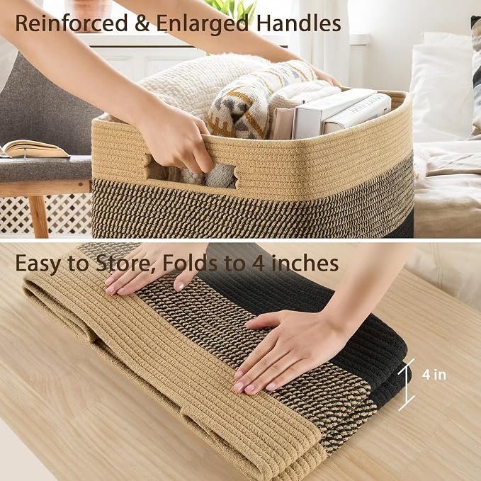 Optish 95L Large Woven Blanket Basket, Storage Basket with Handles | Sturdy Cotton Rope Basket Organizer Blanket, a lot of Toys, Comforter, Pillows, Bedroom, Living Room, Bathroom, Easy to Carry