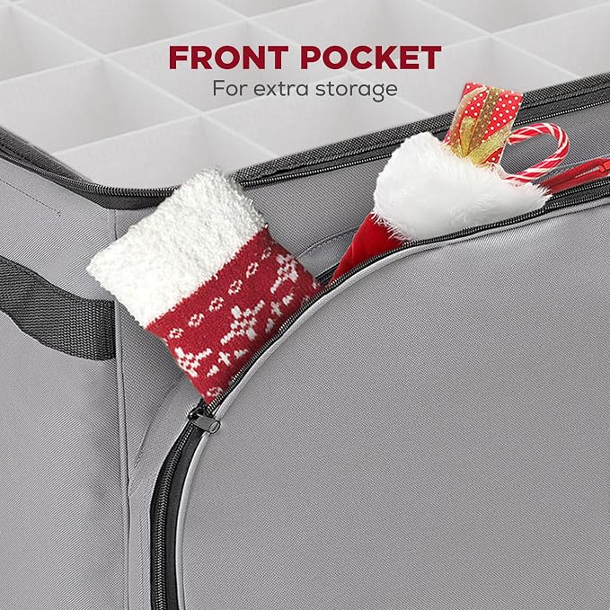 HOLDN’ STORAGE Premium Christmas Ornament Storage Box – Holds up to 72 4” Ornaments, Durable 600D Fabric, Adjustable Dividers, 3 Removable Trays – Metal Frame – Gray