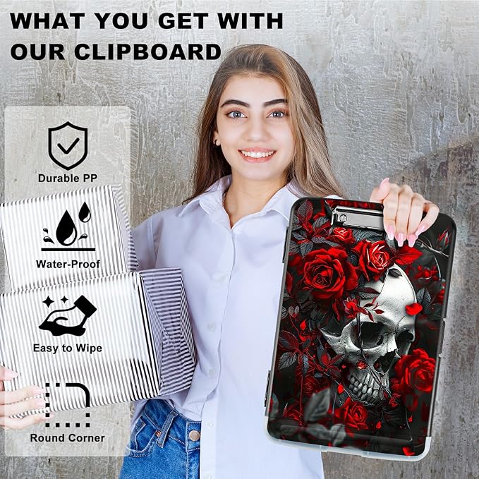 Red Rose Skull A4 Clipboard with Storage Pen Holder, Clipboards Organizer Nursing Clipboard Foldable File Folder Plastic Clipboard Folio Clip Board for Office Students Classroom Doctor
