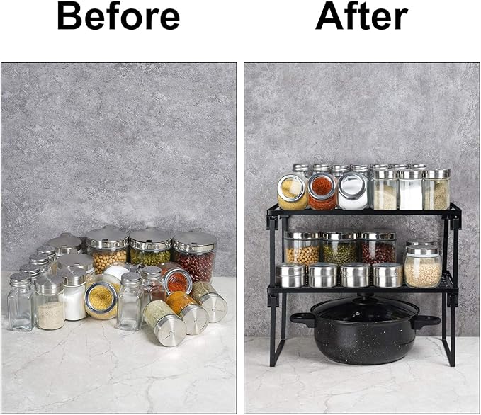 Tomorotec 2-Pack Stackable Kitchen Storage Shelf Rack Metal Cabinet Shelves | Metal Cabinet Organizer Shelf for Spices, Pantry, Cupboard Countertop, with Removable Support Legs for Easy Storage (Black)