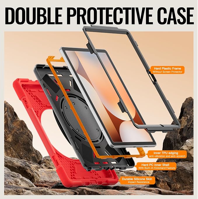 Rugged Protective Case Compatible with Samsung Galaxy Tab A11 Plus/A11 + 11" 2023 SM-X230, Military-Grade Shockproof Cover with 360° Rotating Stand & Built-in Screen Protector (Red)