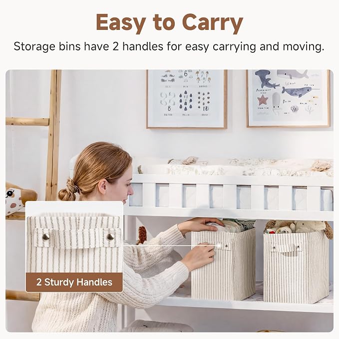 StorageWorks Narrow Storage Bins, Tall Storage Basket, 2-Pack | Khaki and Beige Stripes, Reinforced Handles, Sturdy Structure, For Bathroom, Closet, Shelf, Storage Makeup, Socks, Underwear