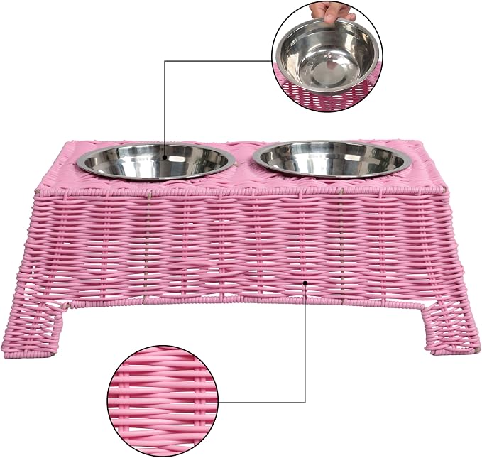 Serenity 6.9" Small Medium Elevated Wicker Pet Feeder with 2 Removable 18oz 2.2 Cup Stainless Steel Bowls Dishwasher Safe Food Water Station for Dogs Cats, Light Green DBL4000Y
