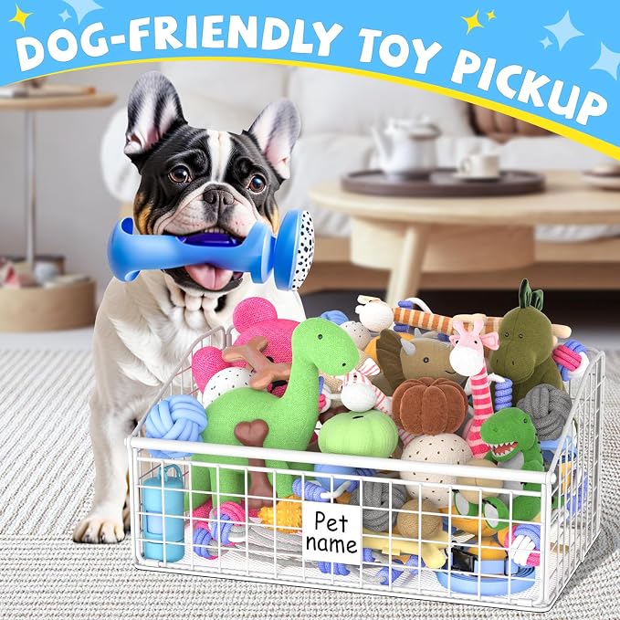 Kaiferty Indestructible Dog Toy basket, Medium Toy Box for Dogs,Pet Toy Bin Dog Metal Basket for Toys, Dog Toy Storage, Dog Storage Organizer,Dog Toy Box for Living Room Area (White)