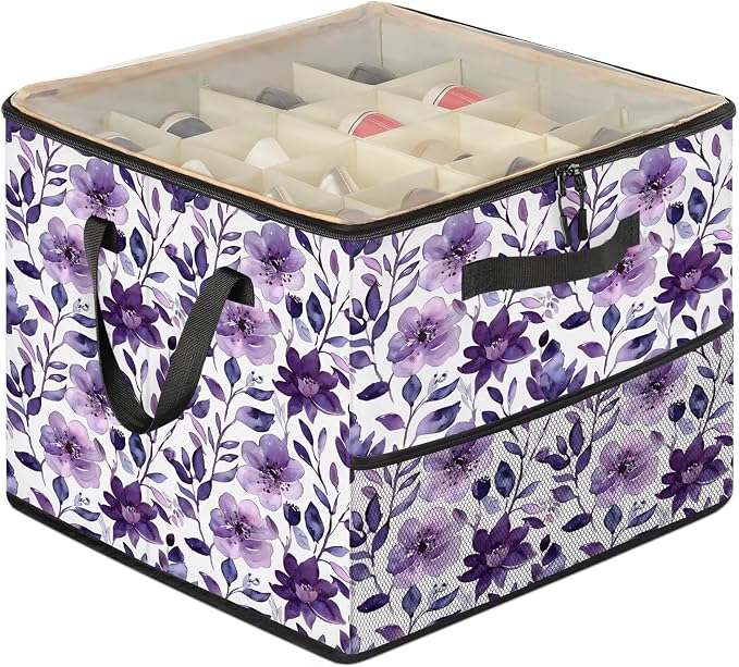 TropicalLife Purple Floral Shoe Organizer for Closet | Foldable Shoe Storage Box Bin 16-32 Pair Shoe Storage for Sneakers, Boots & Heels with Adjustable Dividers, Clear Cover