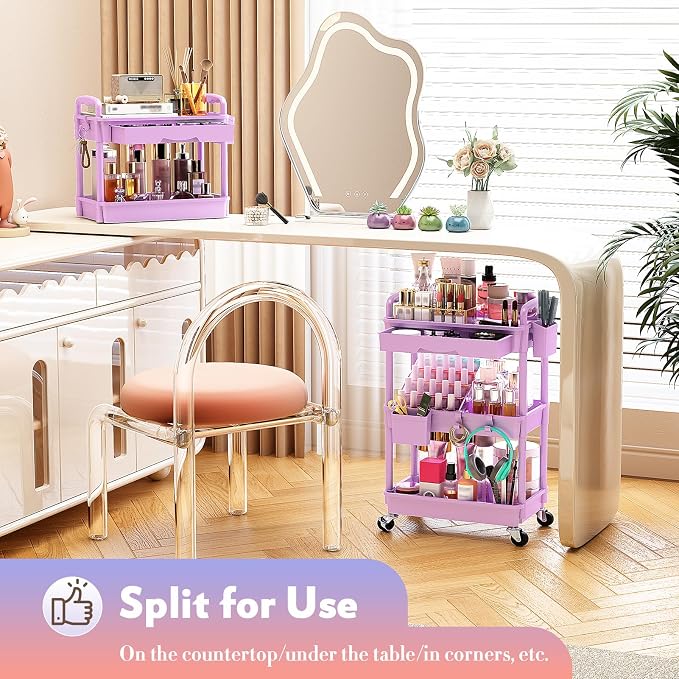 SUNALLY Makeup Cart Organizer with Drawer,3 Tier Rolling Makeup Cart,Purple | Rolling Vanity Storage for Skin Care Perfume Nail Polish, Floor Skincare Organizers Cosmetics Display Bathroom Storage Cart
