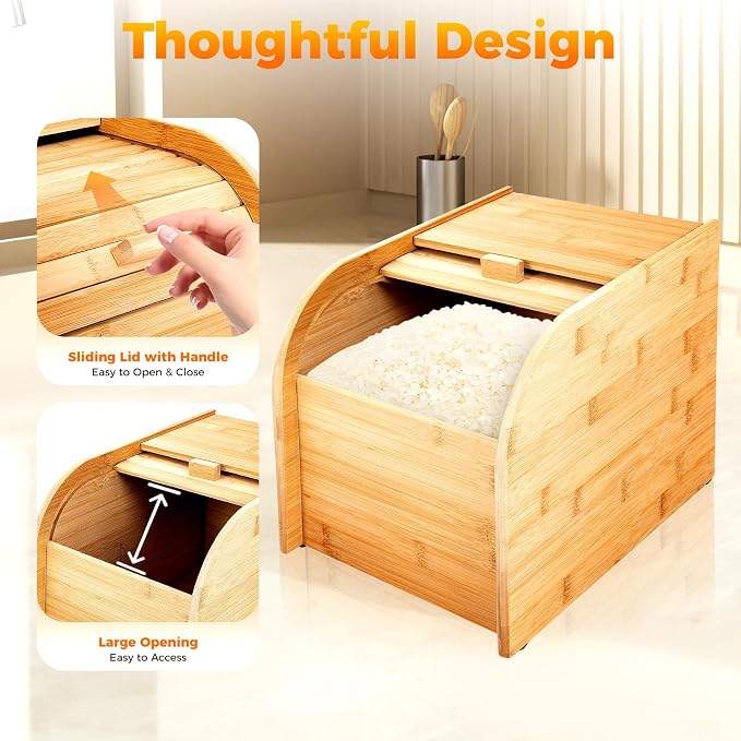 22 lbs Bamboo Rice Storage Container with Sliding Lid & Measuring Cup, Airtight Dry Food Organizer for Kitchen Countertop - Large Capacity Grain Bin for Flour, Nuts, Beans, Pet Food - Natural Wood