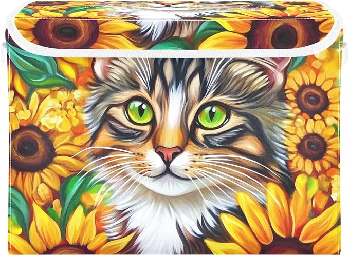Sunflower Cat Storage Bins with Lids Closet Bedroom 40L Storage Basket | Decorative Storage Boxes, Foldable & Stackable, Dust-Proof Flip Top, Reinforced Handles, For Home & Dorm, Clothes & Toy Box