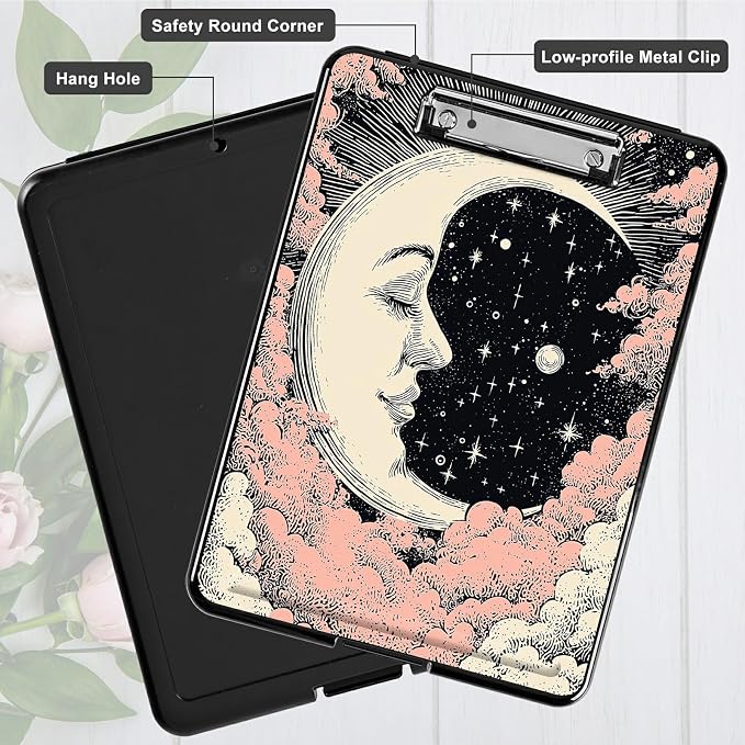 Heavy Duty Storage Clipboard, Slim Nursing Clipboard with Internal Pen Case, Portable File Organizer Case for A4 Letter Size Paper Office Medical Professionals, Pink Tree Moon