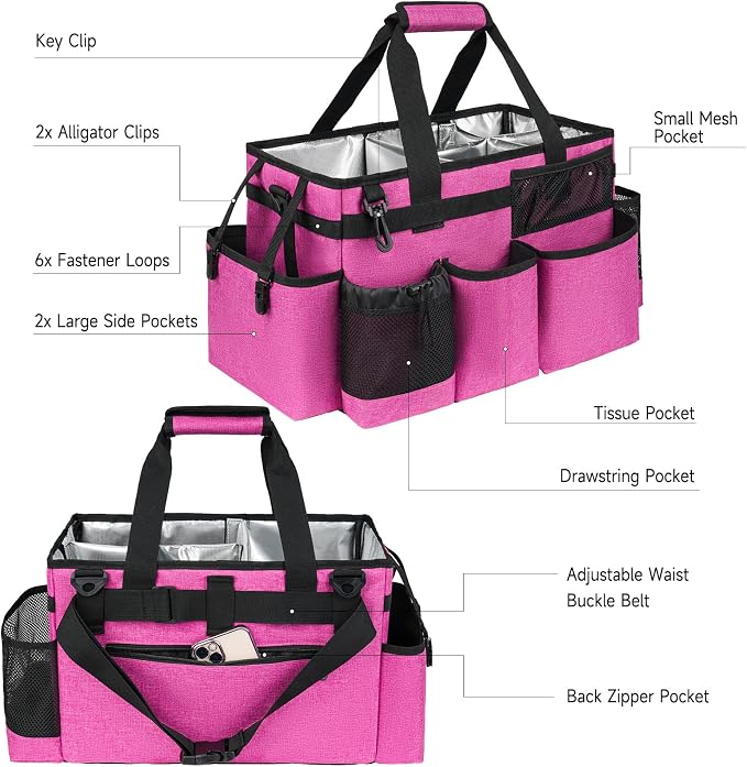 Cleaning Caddy Bag, Large Cleaning Bag for Housekeepers, Rose Pink | Cleaning Caddy Organizer for Cleaning Supplies with Handle and Adjustable Shouder Strap, Easy to Clean & Heavy Duty Design