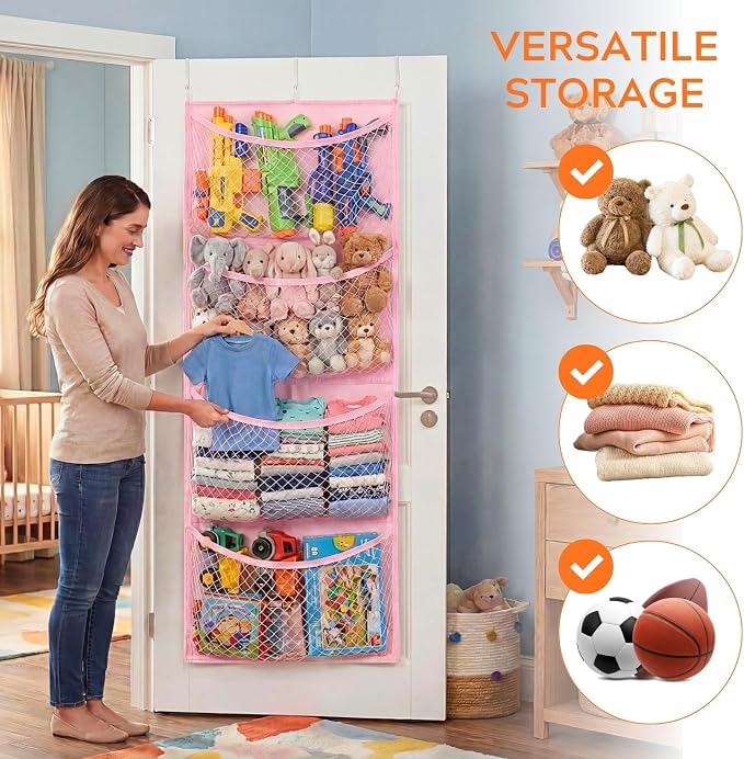 Over The Door Stuffed Animal Storage, Wide, Cotton | Toy Organizer for Storage Plush Toys, Stuffed Animal Holder with 4 Large Pockets, Hanging Door Organizer for Nursery