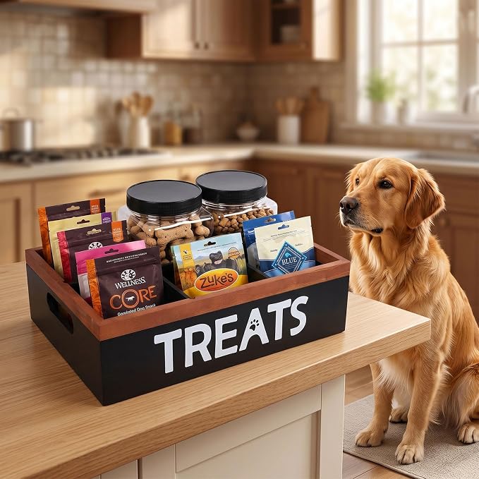 Pethiy Dog Treat Organizer Box with 2 Plastic Jars & Compartments | Wooden Pet Supplies Organizer for Countertop,Pet Treat Storage Box with Dividers pet treat storage with handle dog