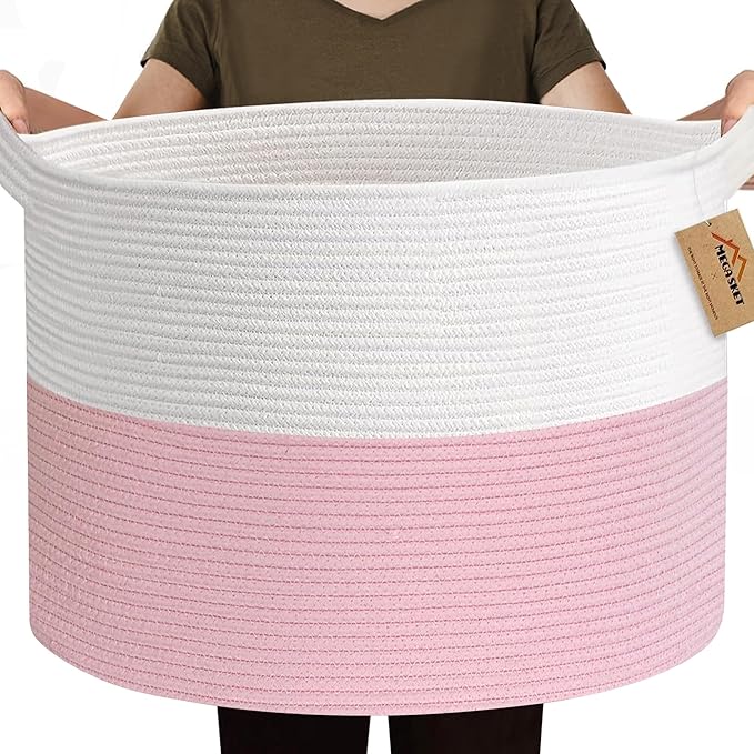MEGASKET 115L Pink Basket for Organizing, 23.6“x15.7" XXXL Blanket Storage for Living Room, Extra Large Toy Box, Soft Woven Cotton Rope Bin, Decorative Baby Nursery Basket, Girls Pink Room Decor