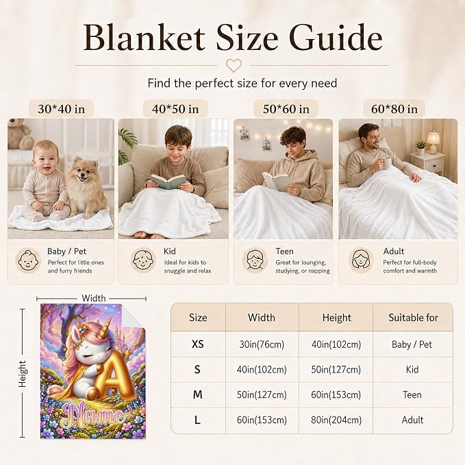Unicorn Blanket for Girls with Custom Initial Name, Personalized Kids Throw | Lightweight Flannel Throw, Living Room Couch Decor, Gift for Unicorn Lover