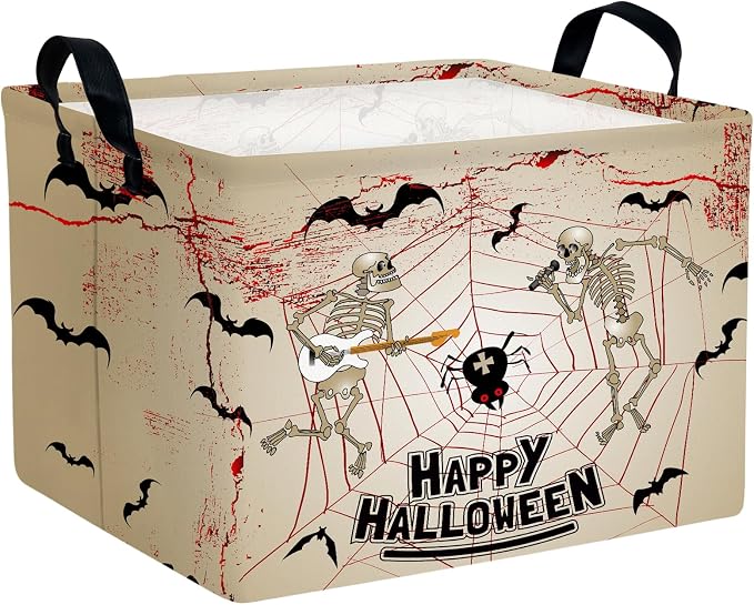 Halloween Basket Gift Terror Ghost Parties Decor Kid Trick or Treat Basket for Boys and Girls Rectangular Storage Bin Box (Skeleton Bat)