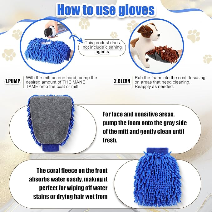 Teenyyou 2 Pcs Dog Towel Mitt Dry Bath Gloves Chenille Microfiber Paws Clean Pet Hair Washing Gloves Dog Grooming Mitts Bath Supplies for Cats Rabbits Horses Suitable for Long/Short/Poodle Fur(Blue)