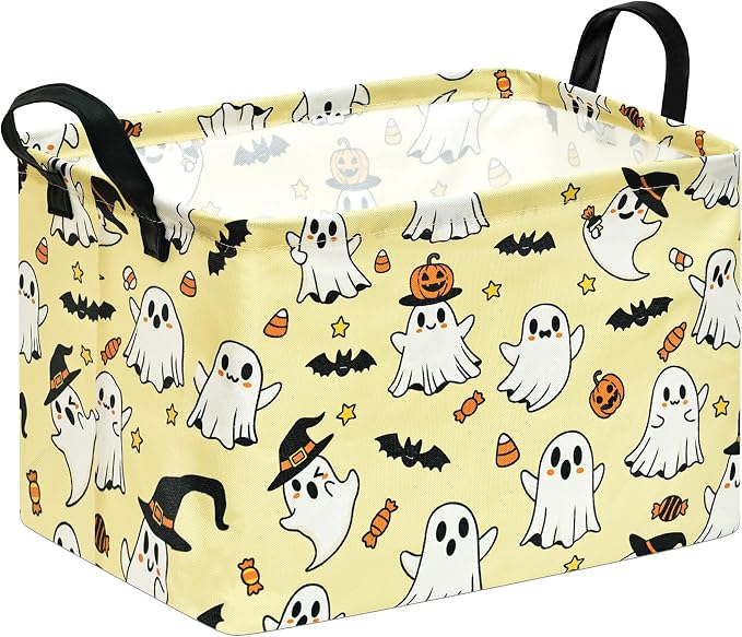 Halloween Basket Yellow Pumpkin Ghost Storage Toy bin For Boys Girls Kids | Foldable Storage Basket ,Waterproof Organizer Bin,Pumpkin Bat Pattern Nursery Hamper, Halloween Decor,Collapsible Organizer
