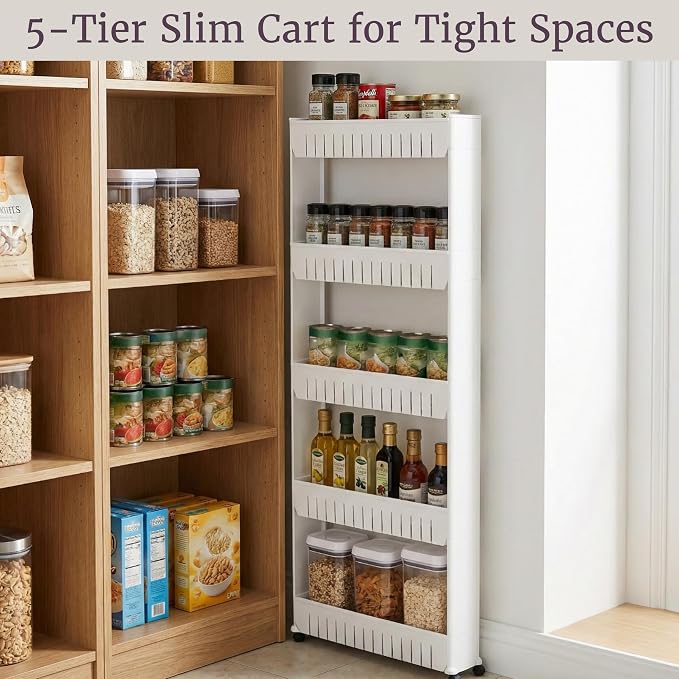 Lavish Home Slim Rolling Storage Cart, White, 21.5” x 5” x 52”