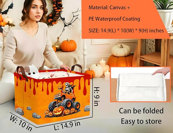 Large Halloween Themed Candy Gift Boo Basket for Kids Baby Personalized Adults Storage Bin Fall Decor(Skeleton Monster Truck)