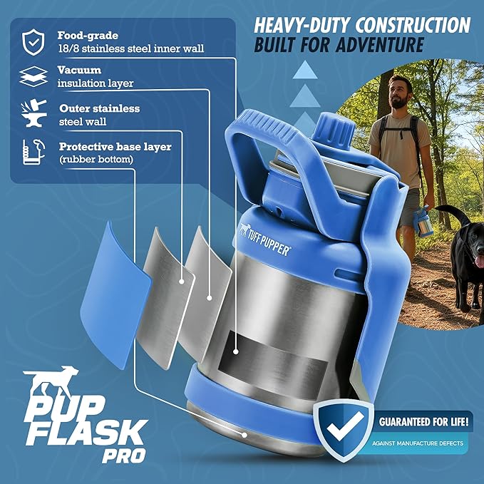 PupFlask Pro Dog Water Bottle | 30 or 50 OZ Double Wall Insulated Stainless Steel | Built-in Flip Cup Bowl | Leak Proof Cap | 24+ Hour Cold Water | Small & Large Dogs | Portable Pet Hydration Bottle