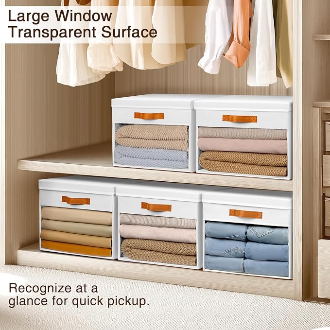 Large Storage Bins with Lids - 6 Pack Foldable Decorative Organizers with Clear Windows & Handles, Cube Storage Organizers for Clothes, Blankets, Sweaters, Sheets, White