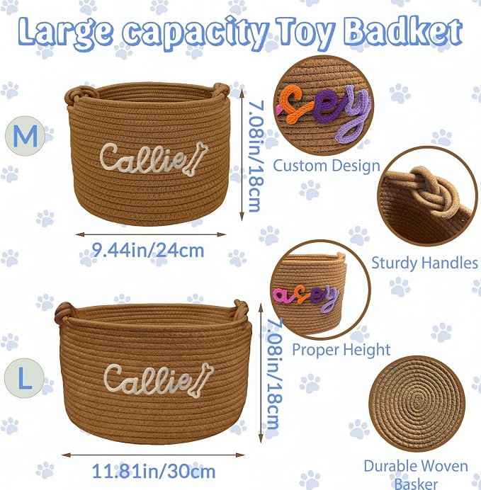 Personalized Dog Cat Toy Basket with Name, Custom New Puppy Toy Storage Bins with Handles, Customized Baskets Organizer for Blankets Pet Supplies Clothes Food