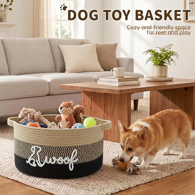 OIAHOMY 22L Large Dog Toy Basket, 16.5"x11.4"x9" Cotton Rope Basket with Cute Woof Embroidery, Soft Woven Pet Toy Box with Handles for Blankets, Leashes & Puppy Accessories, Yellow Black