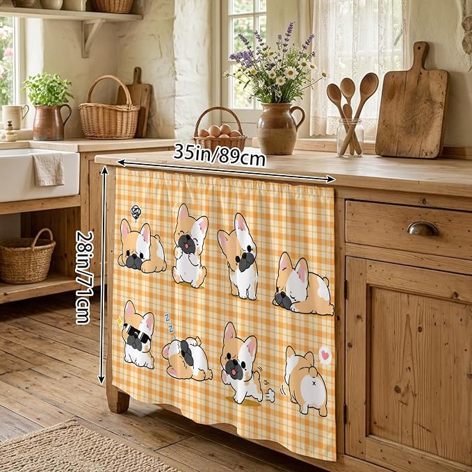 Cute Puppy Oven Skirt Curtain for Kitchen Decor 28"x35", Orange Beige Plaid Modern Funny Dogs Pet Self Adhesive Stove Curtains Skirt Cabinet Curtains for Bathroom Laundry Room