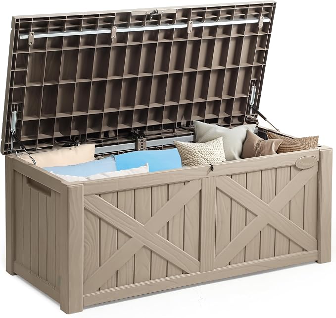 YITAHOME 150 Gallon Large Outdoor Storage Box with X-Shaped Front | Waterproof Resin Deck Box Cushion Storage Bench for Patio, Pool Supplies, Garden Tools- Lockable, Taupe