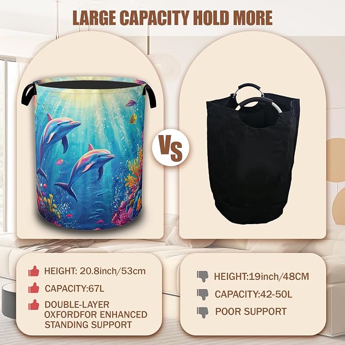 Dolphin Ocean Floating Laundry Basket,Waterproof Foldable Laundry Hamper,Dirty Clothes Basket, Linen Bin Storage Organizer Collection 16" x 20.8"