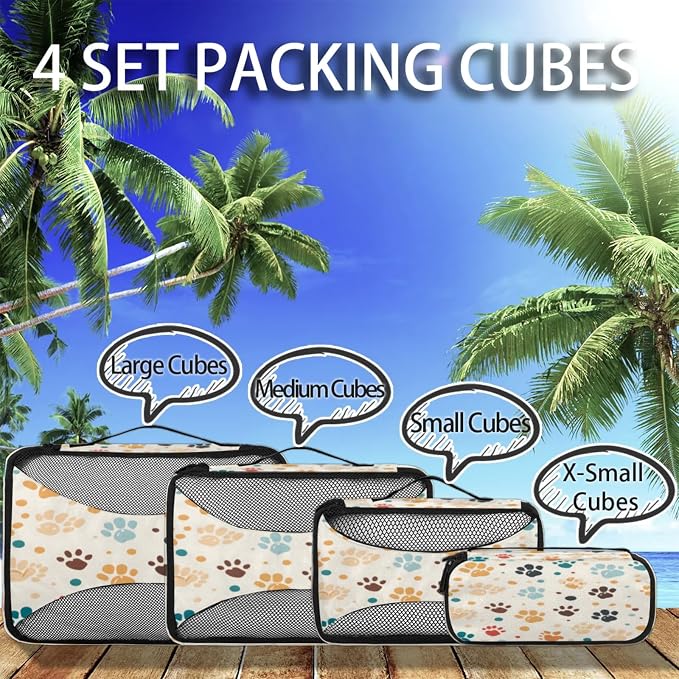 4 Set Packing Cubes for Travel, Cat Paw Print Packing Cubes for Women, Travel Luggage Packing Organizers, Packing Cube Set, Dog Pet Paw Print