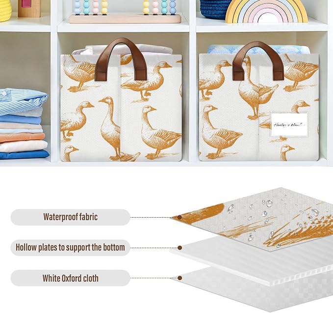 Hand Drawn Retro Goose and Duck Storage Basket Foldable Cube Storage Bins with Handles&Label Waterproof Organizer Box Bin Large Rectangle Decorative Baskets for Shelves Home Room Laundry-2 Pack