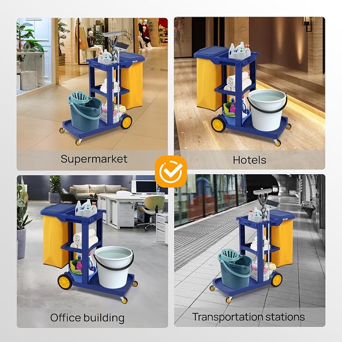 TUFFIOM Commercial Traditional Cleaning 3-Shelf Janitorial Cart, 500 Lbs Capacity Housekeeping Cart, Wheeled with Yellow VinylBag and Cover w Lid, Blue