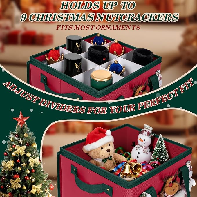 Christmas Nutcracker and Figurine Collectible Storage Box Stores Up to 9 16" Nutcrackers Holiday Ornaments Storage Box with Adjustable Dividers Zippered Top Xmas Decorations Storage Containers