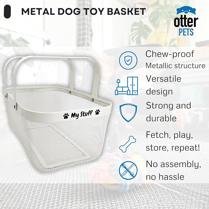 OtterPets Dog Toy Basket, Metal Dog Toy Bin, Chew Proof, White 16x9.5”