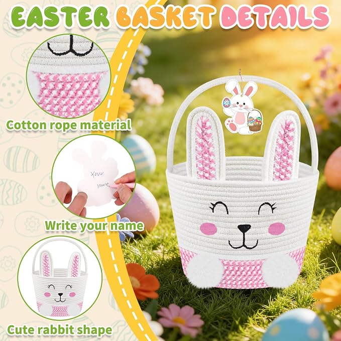 Easter Basket for Girls Kids - Pink Small Woven Bunny Egg Basket with Bunny Ears Headband Name Tag Empty Personalized Easter Gifts Baskets to Fill for Baby Toddler 8.7" x 7.1" x 7.1"